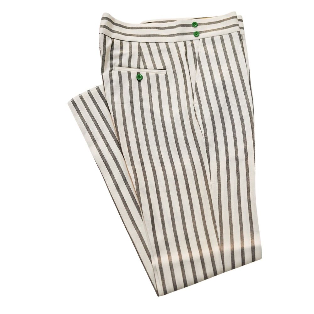 Mens Gurkha Pants 36 Cream Brown Striped Flat Front Slim Fit Cotton Trousers
